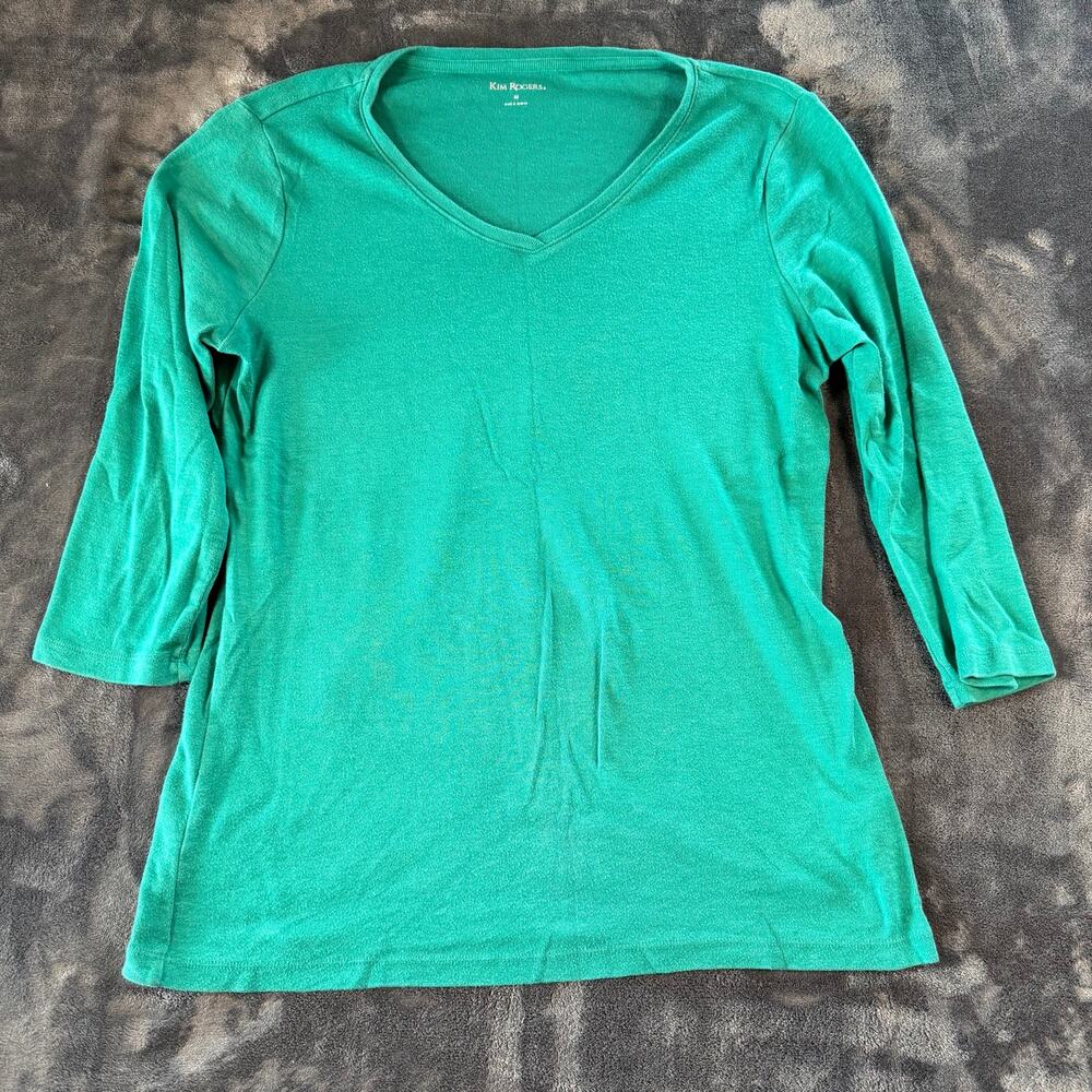 Kim Rogers Womens Medium Teal Green Cotton 3/4 Sleeve V Neck Top